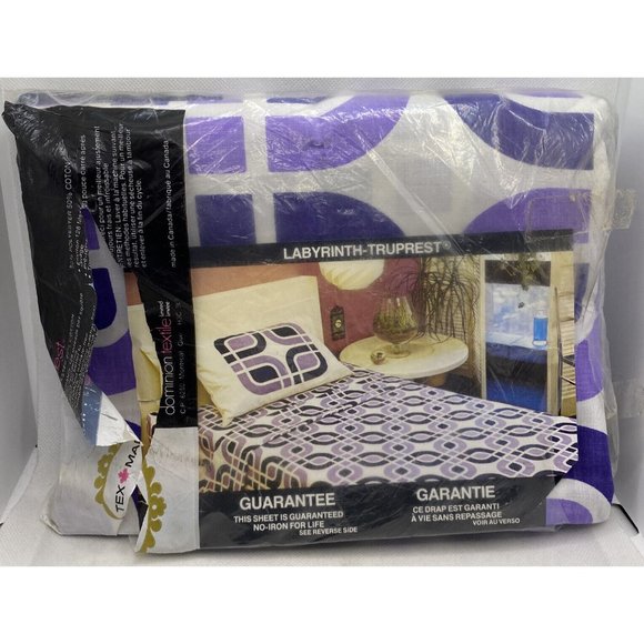 Texmade Labyrinth Truprest Twin Bed Flat Sheet Geometric Links 1970s Purple - Picture 5 of 15